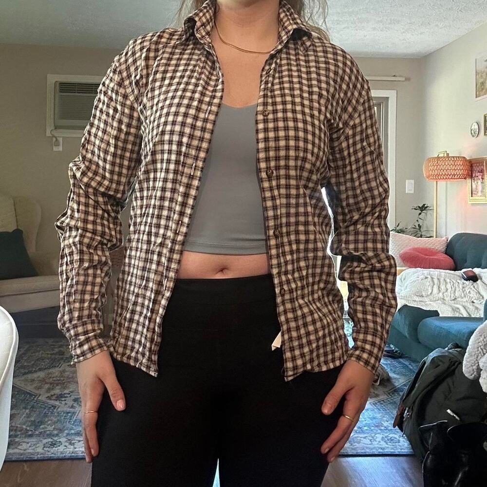 Brown and black plaid button